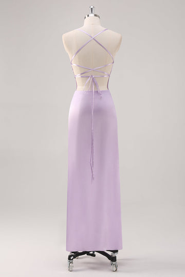 Prosta liliowa sznurowana sukienka wizytowa z tyłu